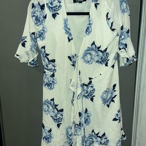 Lulu's White and Blue Floral Wrap Dress